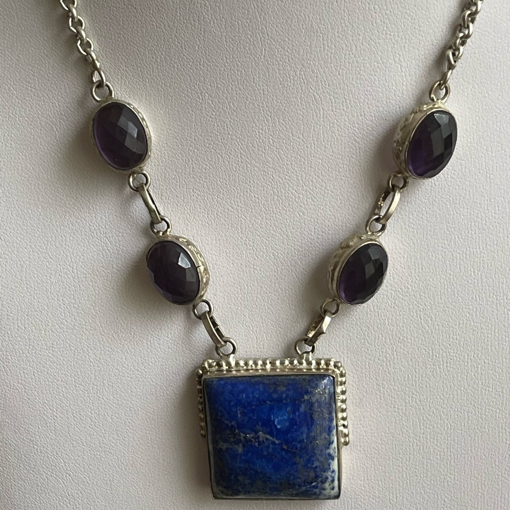 Silver necklace with lapis and amethyst size 18”